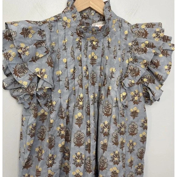 Victoria Dunn Blouse Floral Pintuck Mock Collar Ruffle Flutter Sleeves Women's S - Picture 1 of 9